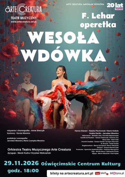 Plakat wydarzenia Wesoła wdówka - operetka Franza Lehára w wykonaniu Teatru Muzycznego Arte Creatura