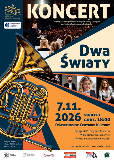 Plakat wydarzenia Dwa światy – koncert Wielkiej Orkiestry Młodych Muzyków Gminy Oświęcim